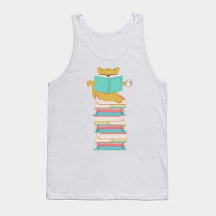 Cat with glasses drinking coffee or tea and reading book Tank Top